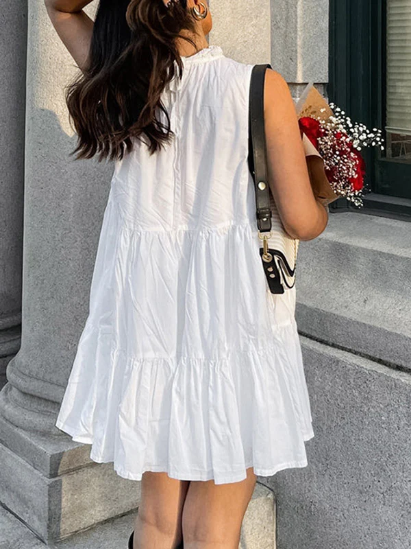 A-Line Loose Pleated Ruffled Solid Color Split-Joint Round-Neck Mini Dresses Shirt Dress - Image 5