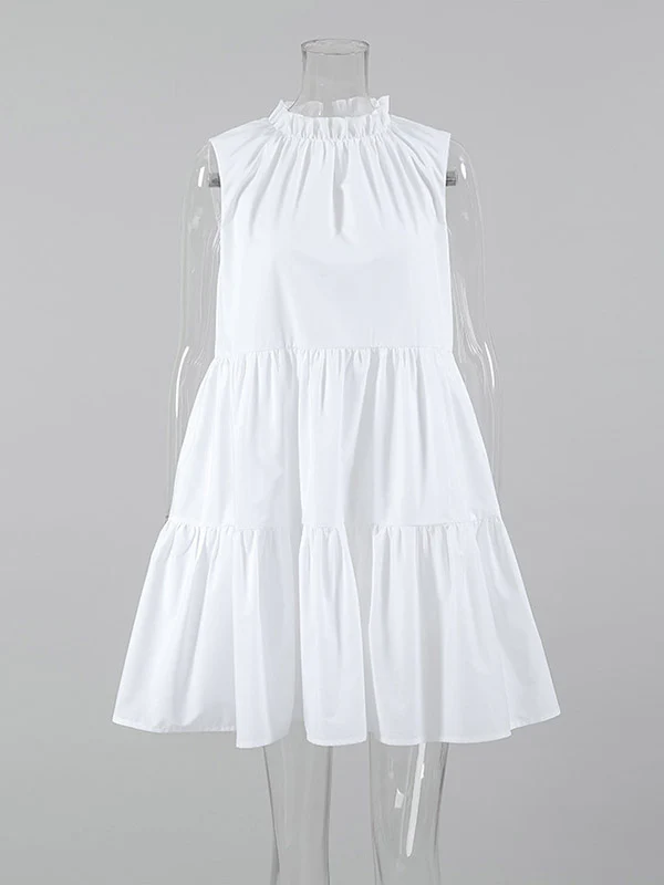 A-Line Loose Pleated Ruffled Solid Color Split-Joint Round-Neck Mini Dresses Shirt Dress - Image 6