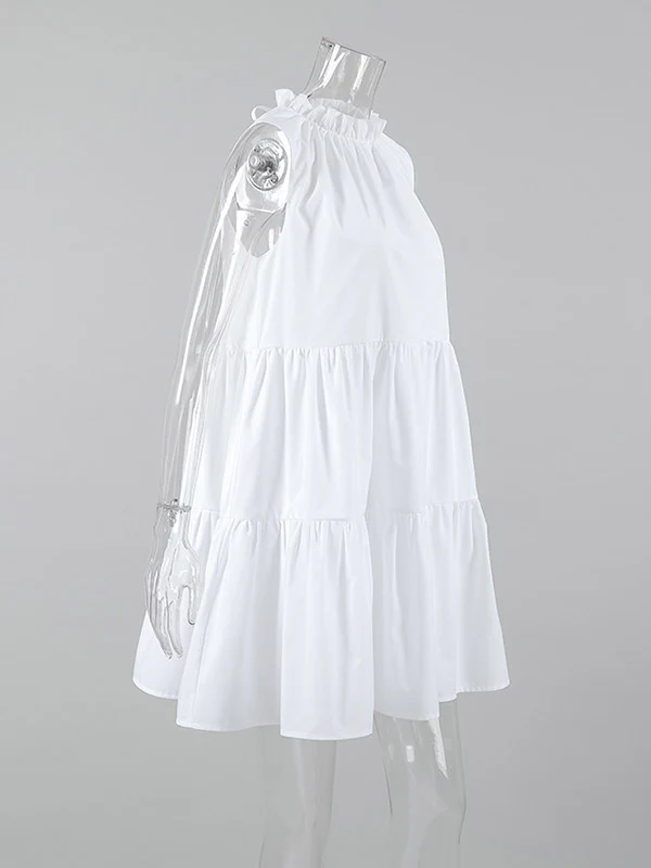 A-Line Loose Pleated Ruffled Solid Color Split-Joint Round-Neck Mini Dresses Shirt Dress - Image 7
