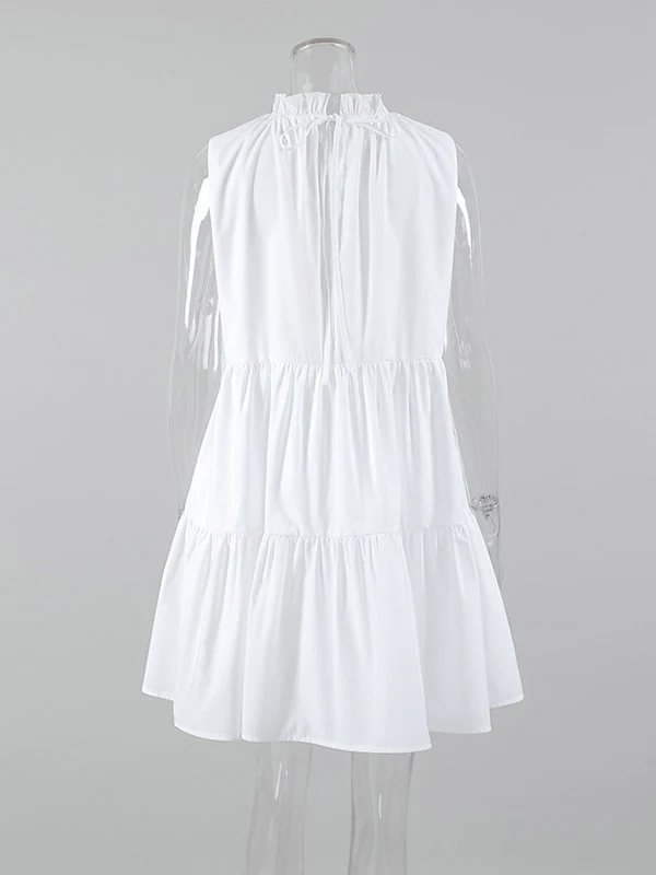 A-Line Loose Pleated Ruffled Solid Color Split-Joint Round-Neck Mini Dresses Shirt Dress - Image 8
