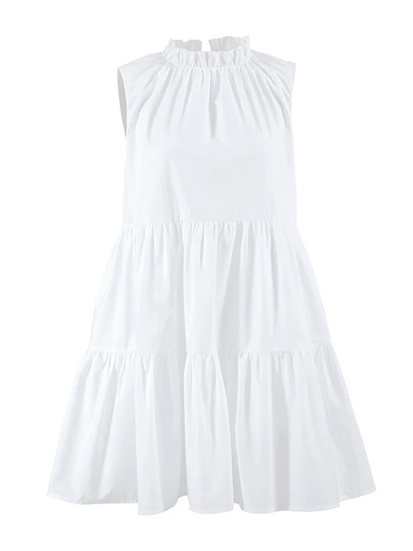 A-Line Loose Pleated Ruffled Solid Color Split-Joint Round-Neck Mini Dresses Shirt Dress - Image 9