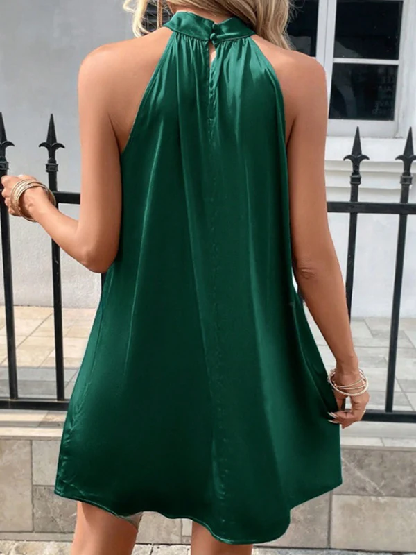 A-Line Loose Pleated Solid Color Halter-Neck Mini Dresses - Image 5