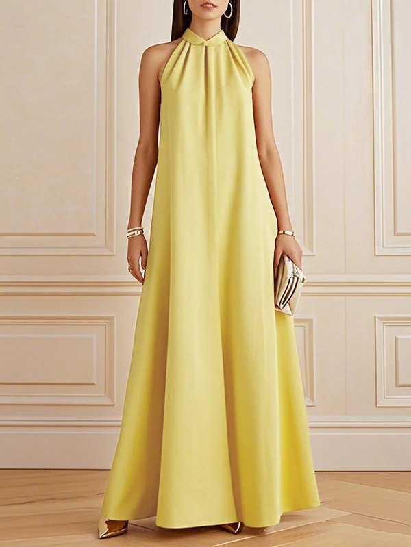 A-Line Loose Pleated Solid Color Mock Neck Maxi Dresses - Image 2