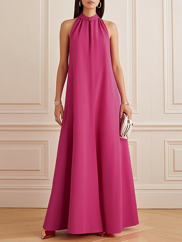 A-Line Loose Pleated Solid Color Mock Neck Maxi Dresses - Image 3