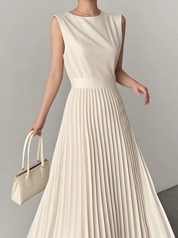 A-Line Loose Pleated Solid Color Round-Neck Maxi Dresses - Image 2