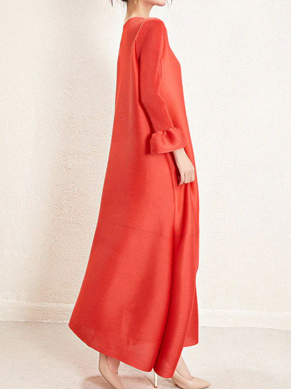 A-Line Loose Pleated Solid Color Round-Neck Maxi Dresses - Image 10