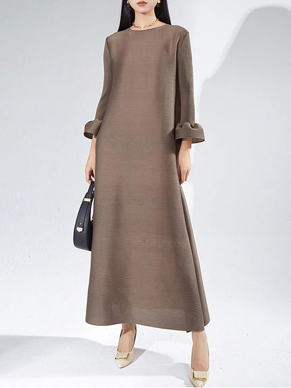 A-Line Loose Pleated Solid Color Round-Neck Maxi Dresses - Image 12