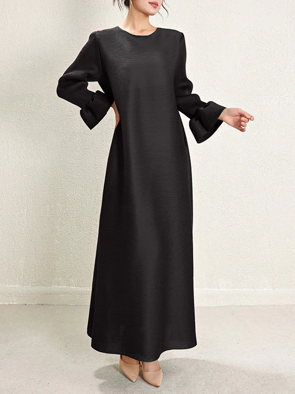 A-Line Loose Pleated Solid Color Round-Neck Maxi Dresses - Image 13