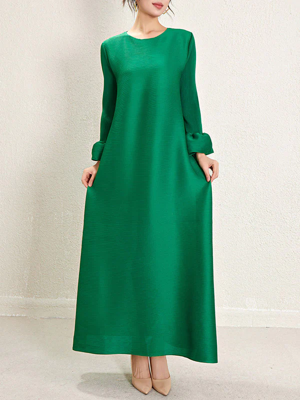 A-Line Loose Pleated Solid Color Round-Neck Maxi Dresses - Image 2