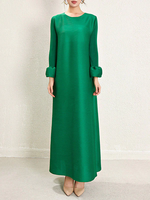 A-Line Loose Pleated Solid Color Round-Neck Maxi Dresses - Image 3