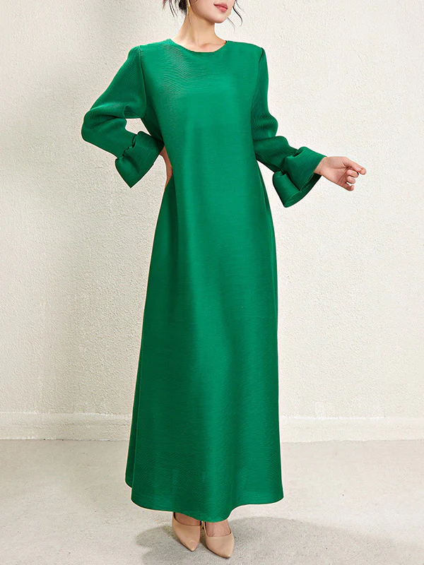 A-Line Loose Pleated Solid Color Round-Neck Maxi Dresses - Image 4