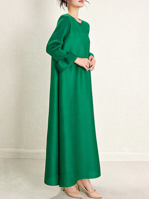 A-Line Loose Pleated Solid Color Round-Neck Maxi Dresses - Image 5