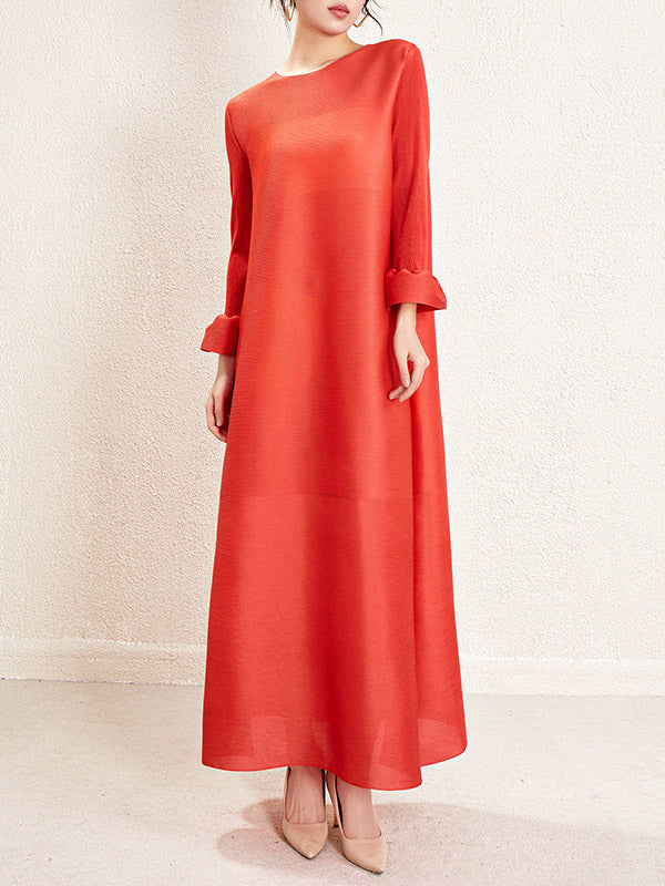 A-Line Loose Pleated Solid Color Round-Neck Maxi Dresses - Image 7