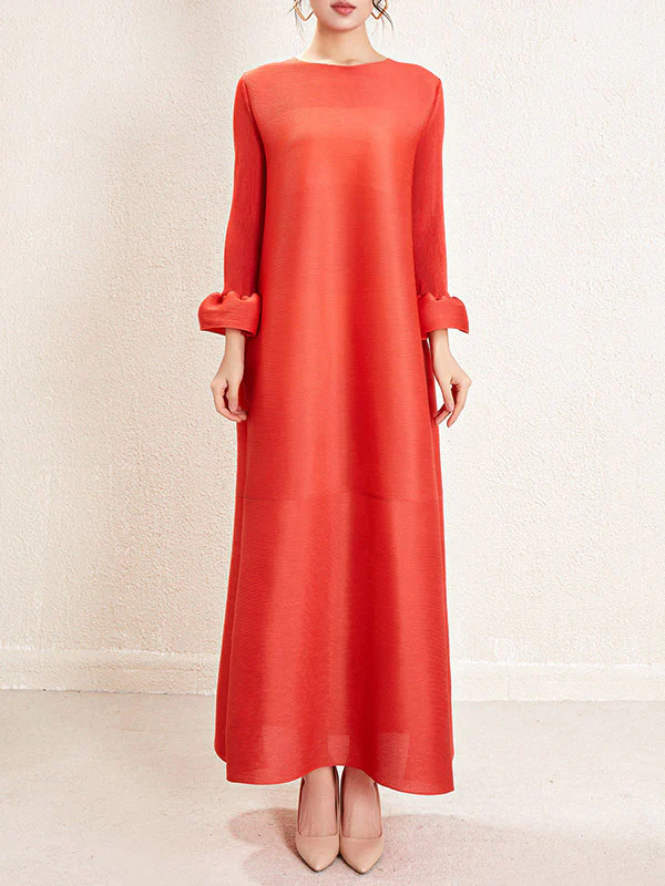 A-Line Loose Pleated Solid Color Round-Neck Maxi Dresses - Image 8