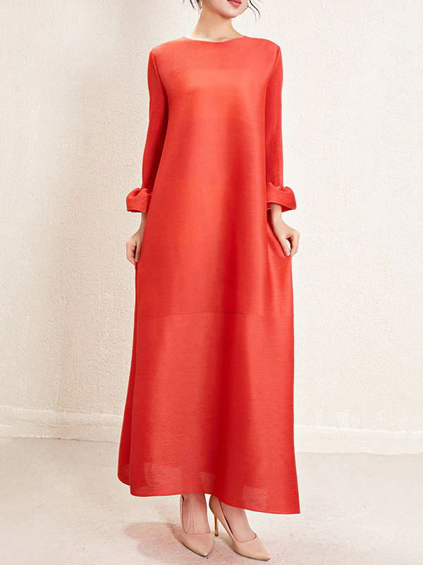 A-Line Loose Pleated Solid Color Round-Neck Maxi Dresses - Image 9