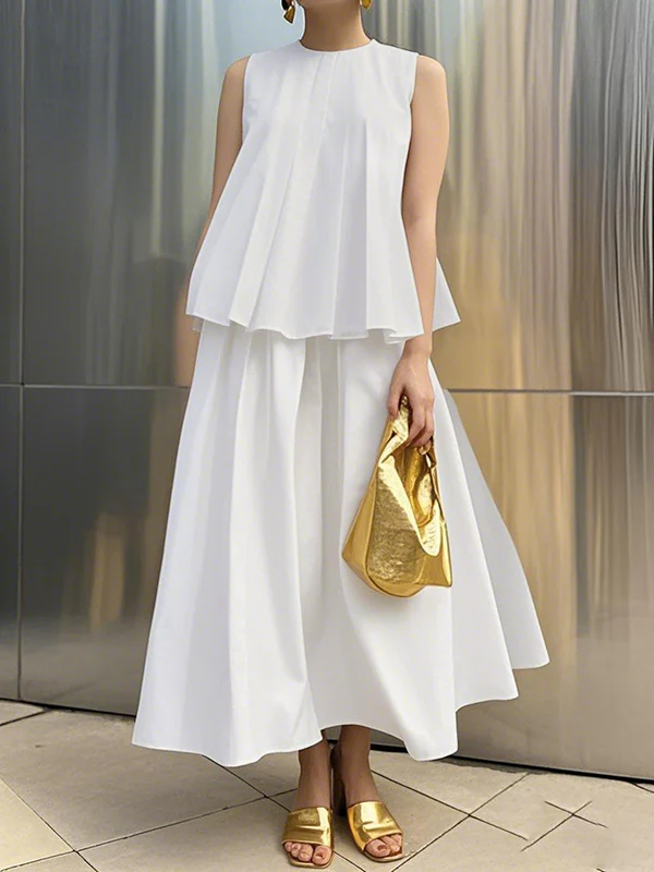 A-Line Loose Pleated Solid Color Round-Neck Vest Top - Image 3