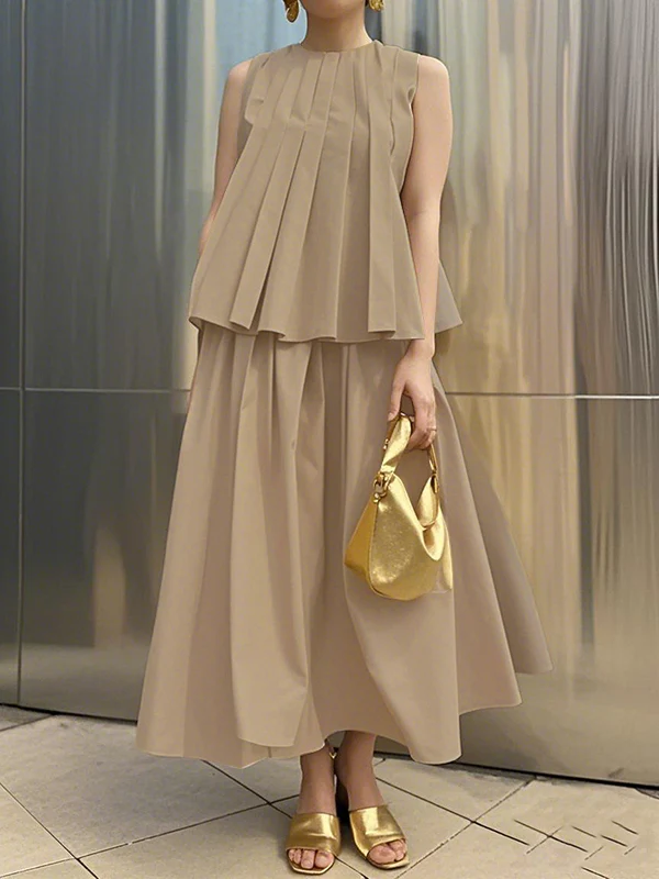 A-Line Loose Pleated Solid Color Round-Neck Vest Top - Image 5
