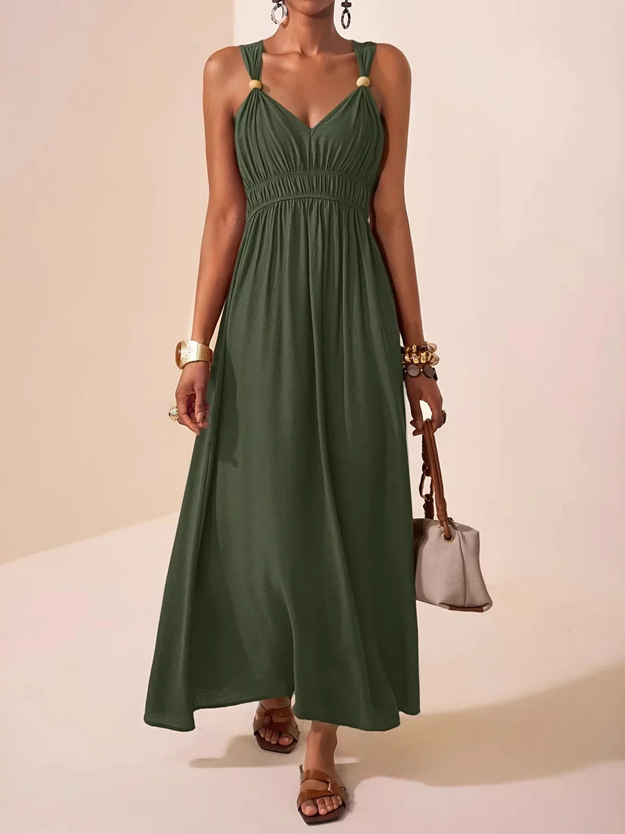 A-Line Loose Pleated Solid Color Spaghetti-Neck Maxi Dresses - Image 2
