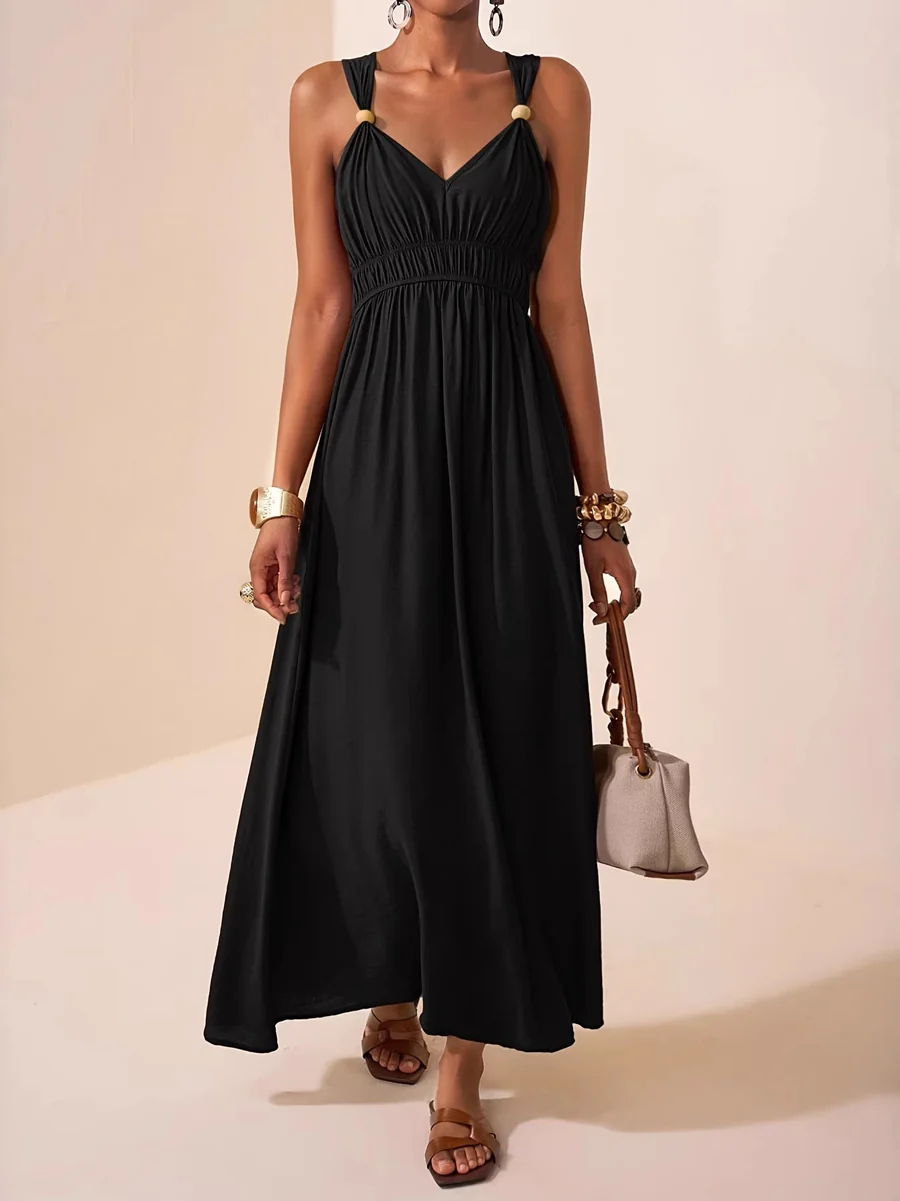 A-Line Loose Pleated Solid Color Spaghetti-Neck Maxi Dresses - Image 3
