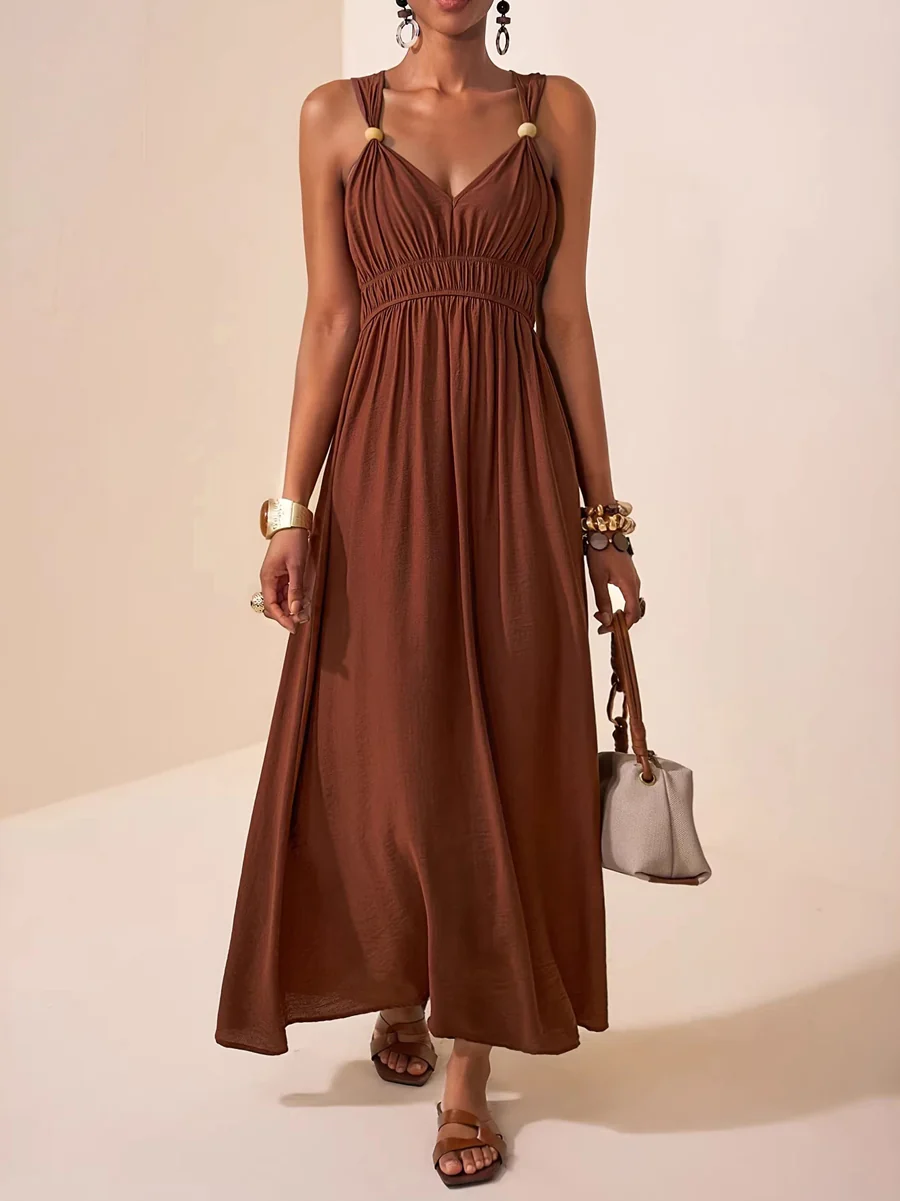 A-Line Loose Pleated Solid Color Spaghetti-Neck Maxi Dresses - Image 4