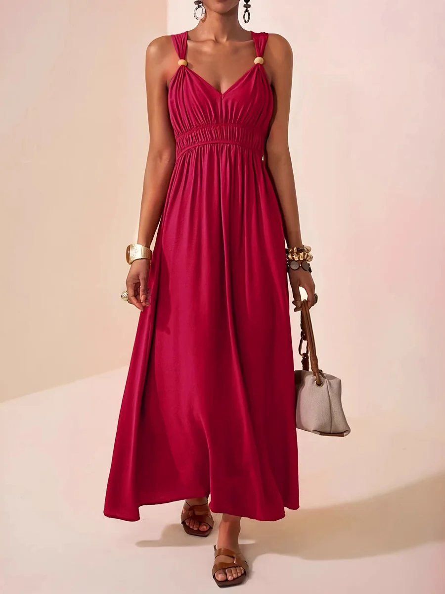 A-Line Loose Pleated Solid Color Spaghetti-Neck Maxi Dresses - Image 5
