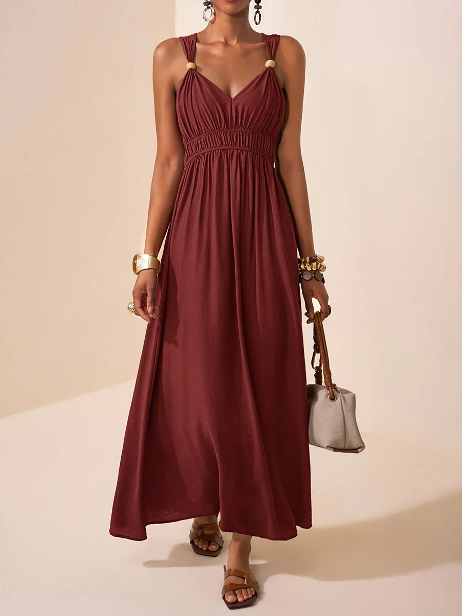 A-Line Loose Pleated Solid Color Spaghetti-Neck Maxi Dresses - Image 6