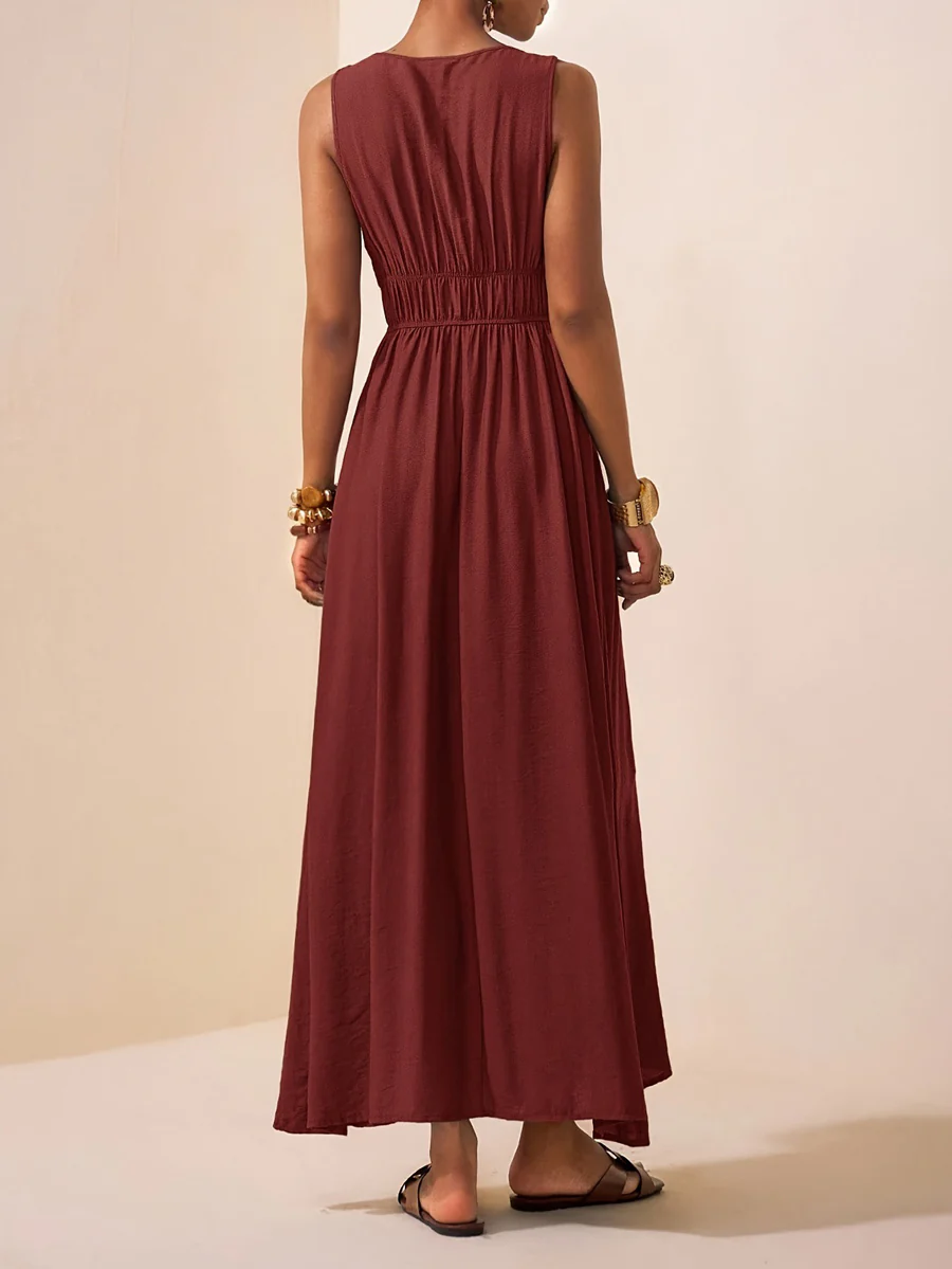 A-Line Loose Pleated Solid Color Spaghetti-Neck Maxi Dresses - Image 7