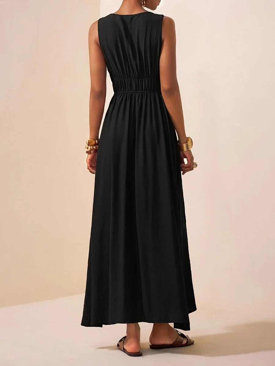 A-Line Loose Pleated Solid Color Spaghetti-Neck Maxi Dresses - Image 8