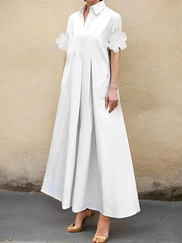 A-Line Loose Pleated Solid Color Split-Joint Lapel Maxi Dresses Shirt Dress - Image 2