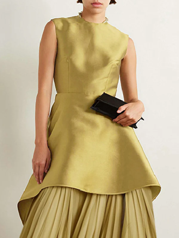 A-Line Loose Pleated Solid Color Split-Joint Tiered Round-Neck Evening Dresses Maxi Dresses - Image 2