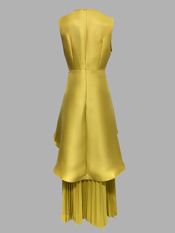 A-Line Loose Pleated Solid Color Split-Joint Tiered Round-Neck Evening Dresses Maxi Dresses - Image 3
