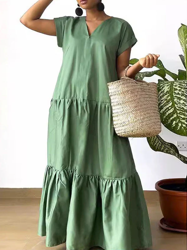 A-Line Loose Pleated Solid Color Split-Joint V-Neck Maxi Dresses - Image 2