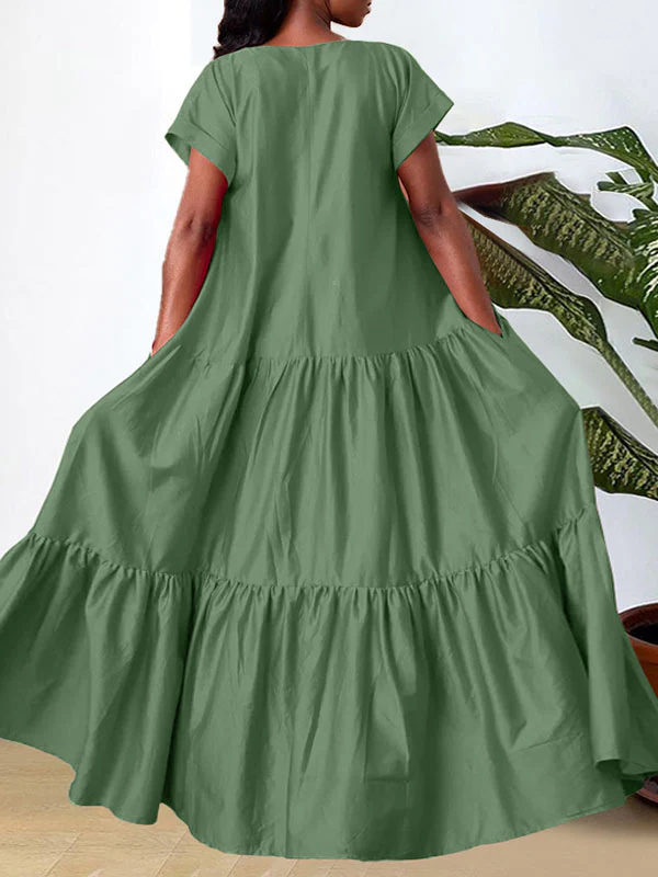 A-Line Loose Pleated Solid Color Split-Joint V-Neck Maxi Dresses - Image 3