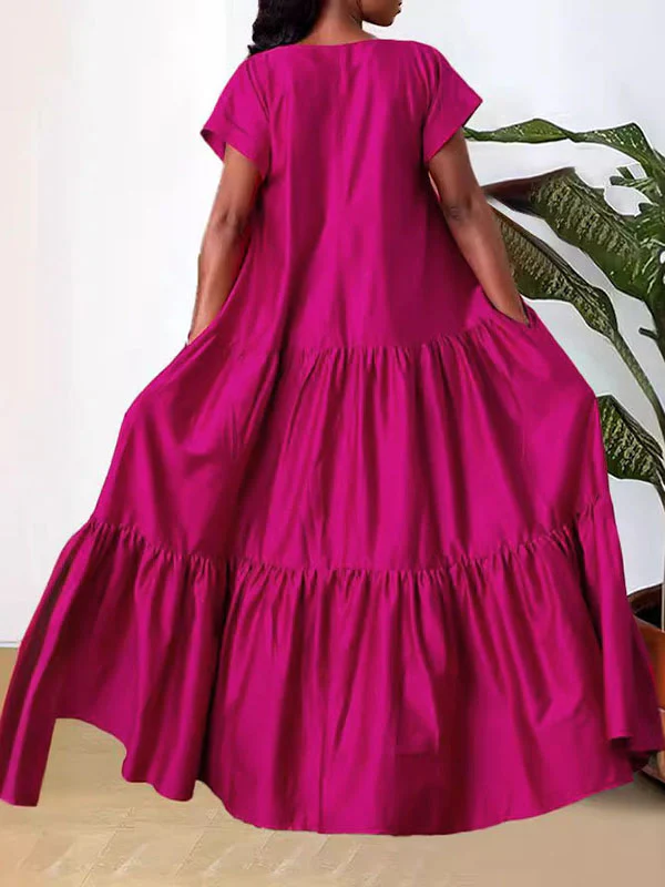 A-Line Loose Pleated Solid Color Split-Joint V-Neck Maxi Dresses - Image 4