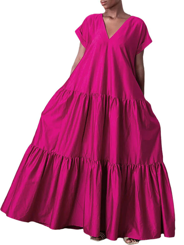 A-Line Loose Pleated Solid Color Split-Joint V-Neck Maxi Dresses - Image 5