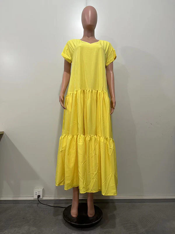 A-Line Loose Pleated Solid Color Split-Joint V-Neck Maxi Dresses - Image 6