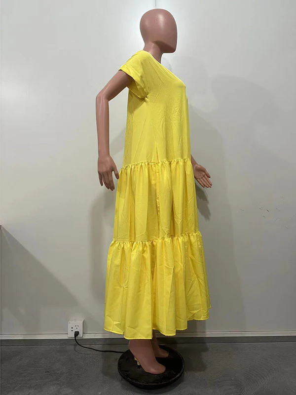 A-Line Loose Pleated Solid Color Split-Joint V-Neck Maxi Dresses - Image 7