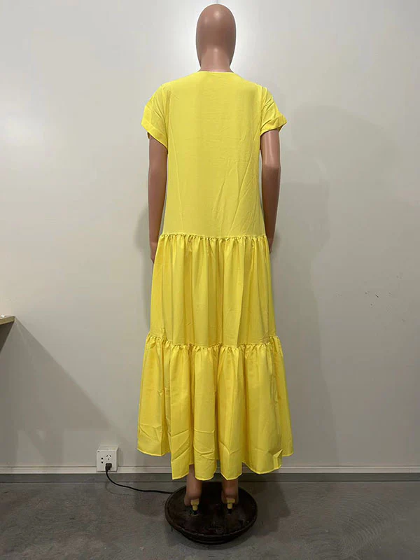 A-Line Loose Pleated Solid Color Split-Joint V-Neck Maxi Dresses - Image 8