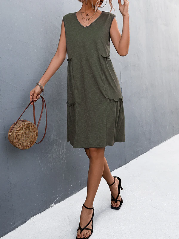A-line Loose Pleated Solid Color Split-Joint V-neck Midi Dresses - Image 10