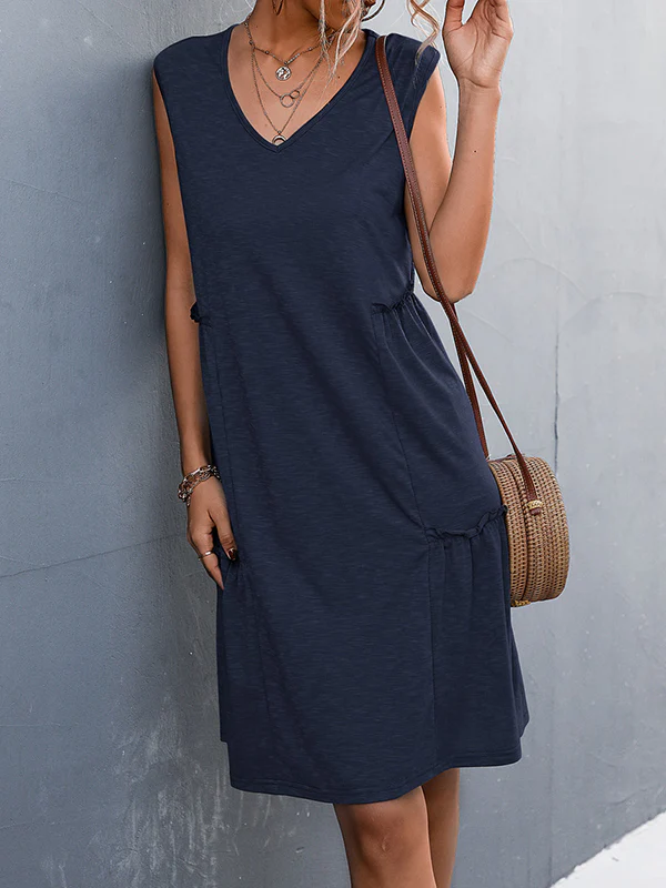A-line Loose Pleated Solid Color Split-Joint V-neck Midi Dresses - Image 11