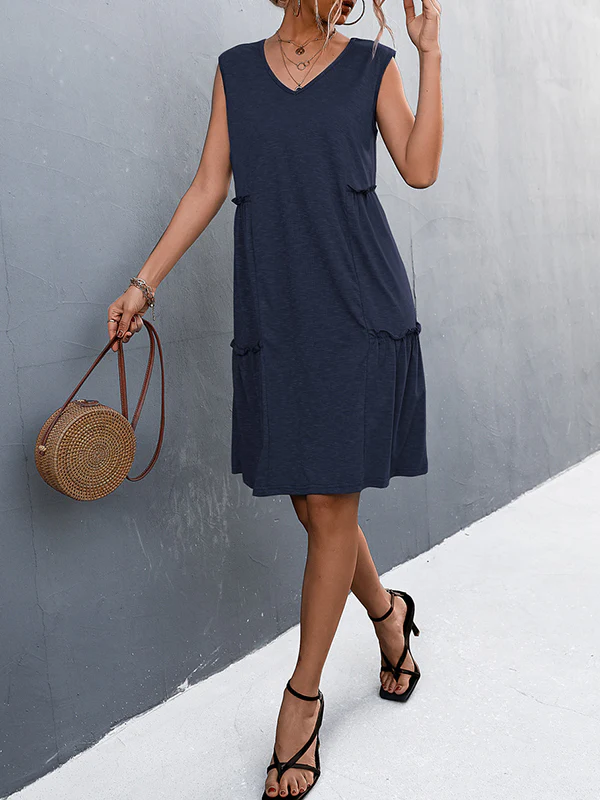 A-line Loose Pleated Solid Color Split-Joint V-neck Midi Dresses - Image 12