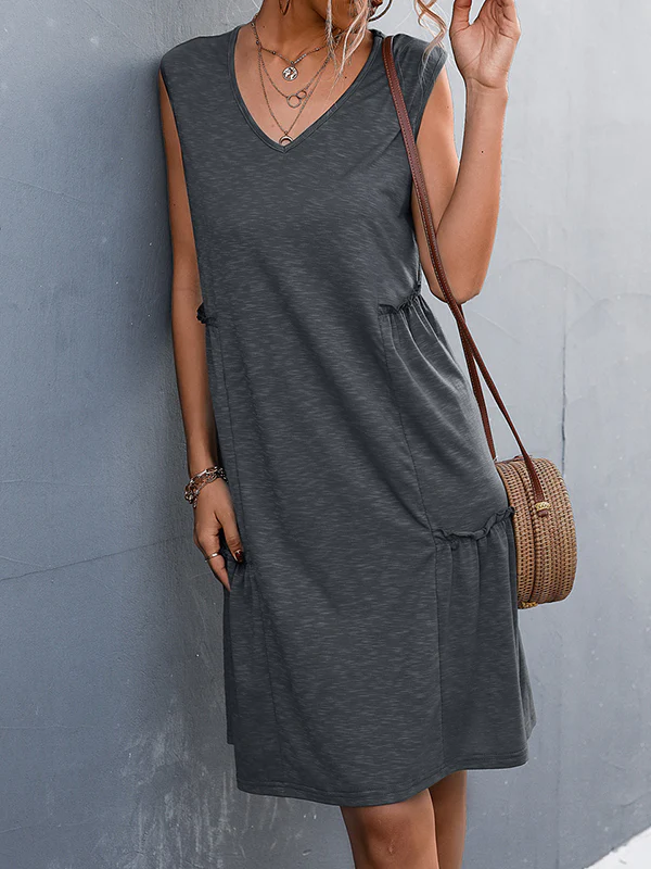A-line Loose Pleated Solid Color Split-Joint V-neck Midi Dresses - Image 13