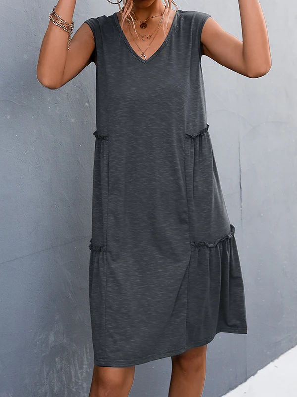A-line Loose Pleated Solid Color Split-Joint V-neck Midi Dresses - Image 14