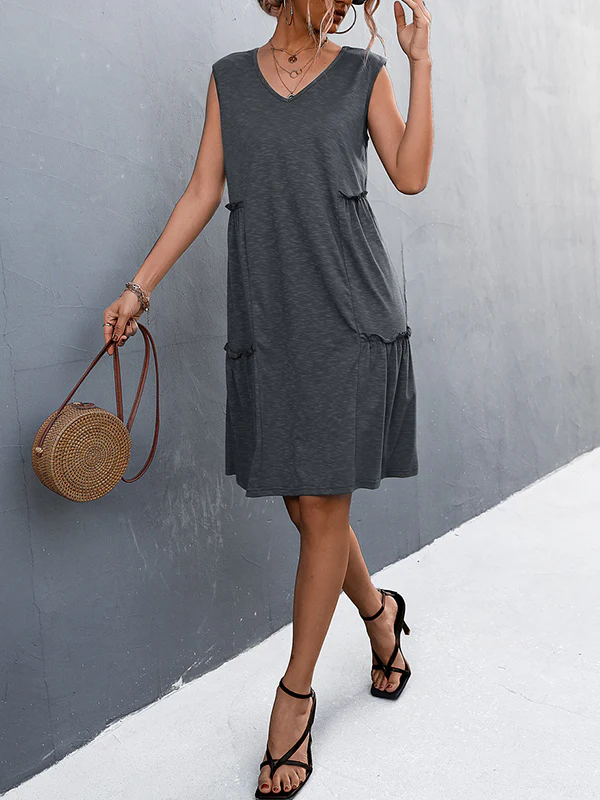 A-line Loose Pleated Solid Color Split-Joint V-neck Midi Dresses - Image 15
