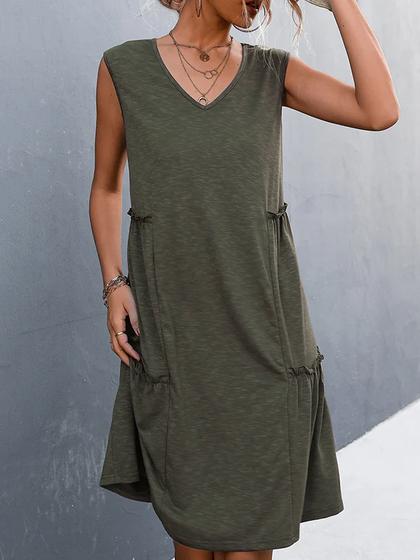 A-line Loose Pleated Solid Color Split-Joint V-neck Midi Dresses - Image 2