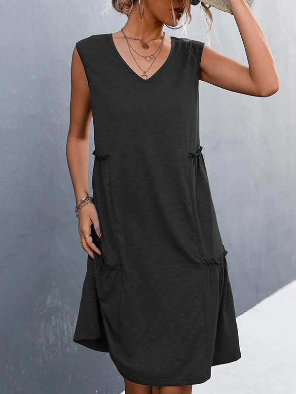 A-line Loose Pleated Solid Color Split-Joint V-neck Midi Dresses - Image 3