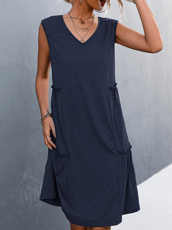 A-line Loose Pleated Solid Color Split-Joint V-neck Midi Dresses - Image 4
