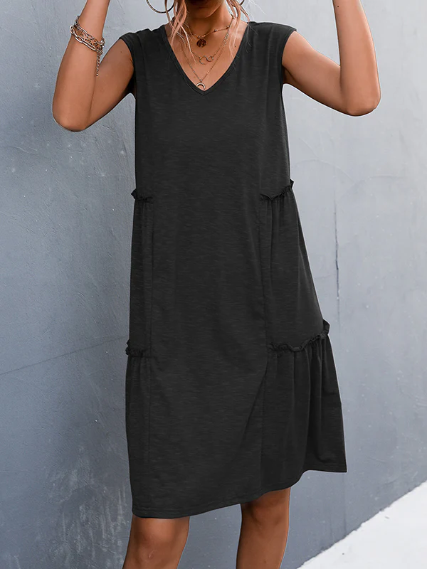 A-line Loose Pleated Solid Color Split-Joint V-neck Midi Dresses - Image 5