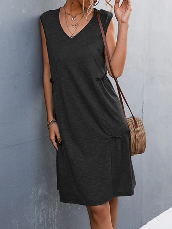 A-line Loose Pleated Solid Color Split-Joint V-neck Midi Dresses - Image 6