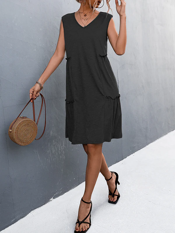 A-line Loose Pleated Solid Color Split-Joint V-neck Midi Dresses - Image 7